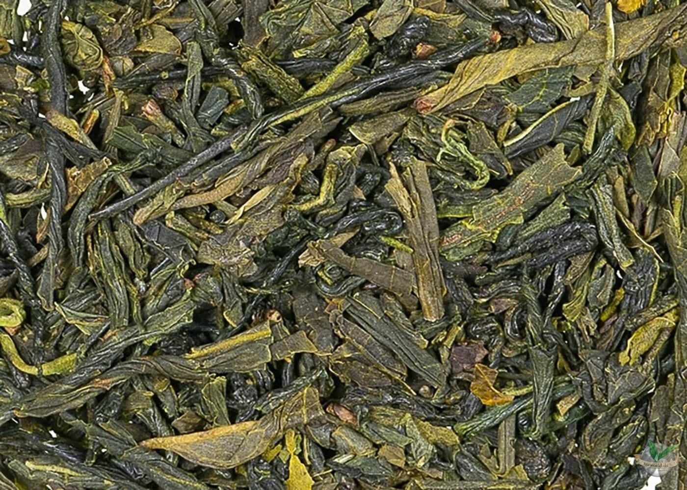 Close-up of dark green, needle-shaped sencha leaves filling the frame