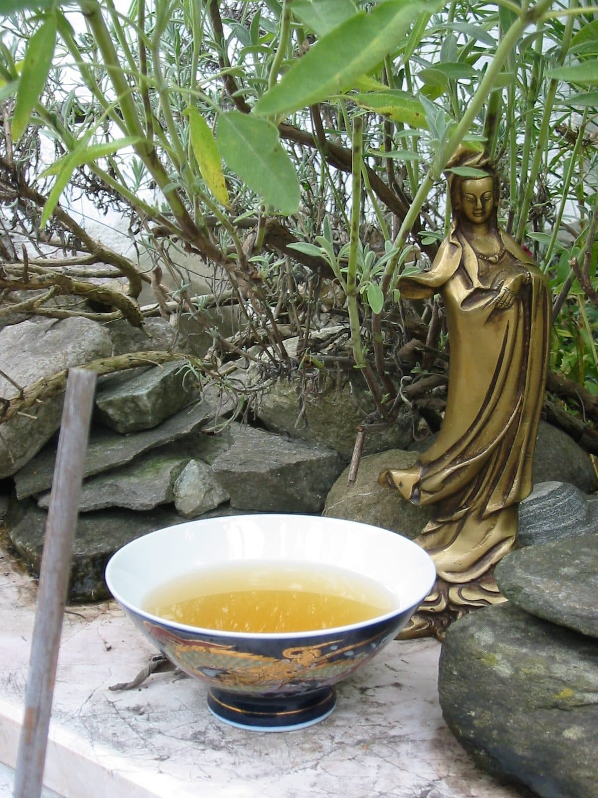 A porcelain bowl of pale golden Tieguanyin oolong on a stone ledge in a garden