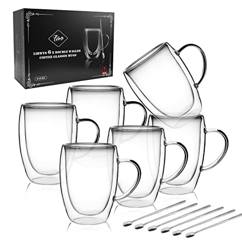 LIBWYS 6 Pack Double Walled Coffee Cups Glasses Mug 12oz Borosilicate