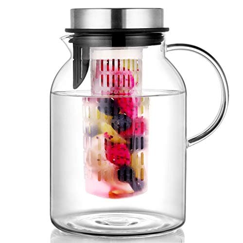 Glass Water Pitcher, Fruit Infuser Pitcher with Removable Lid