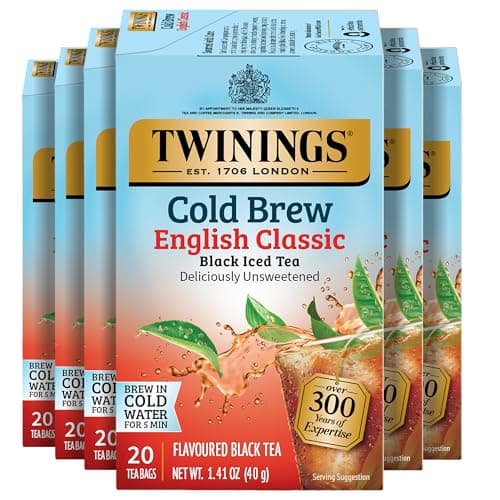 Twinings English Classic Cold Brew Iced Tea Bags, 20 Count (Pack of 6), Unsweetened Black Tea, Caffeinated, 120 Teabags